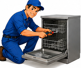 Ronnie's cartoon technician repairing a dishwasher