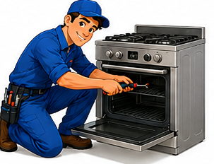 Ronnie's cartoon technician repairing a broken stove
