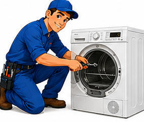 Ronnie's cartoon technician repairing a tumble dryer
