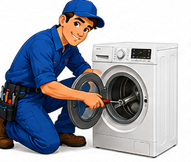 Ronnie's cartoon technician repairing a washing machine