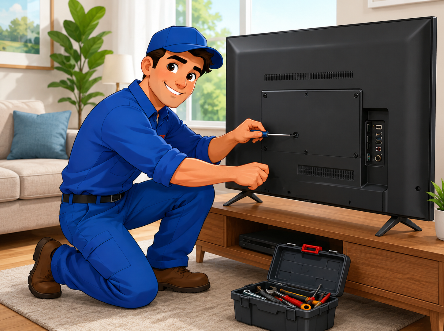 Ronnie's cartoon technician repairing a TV